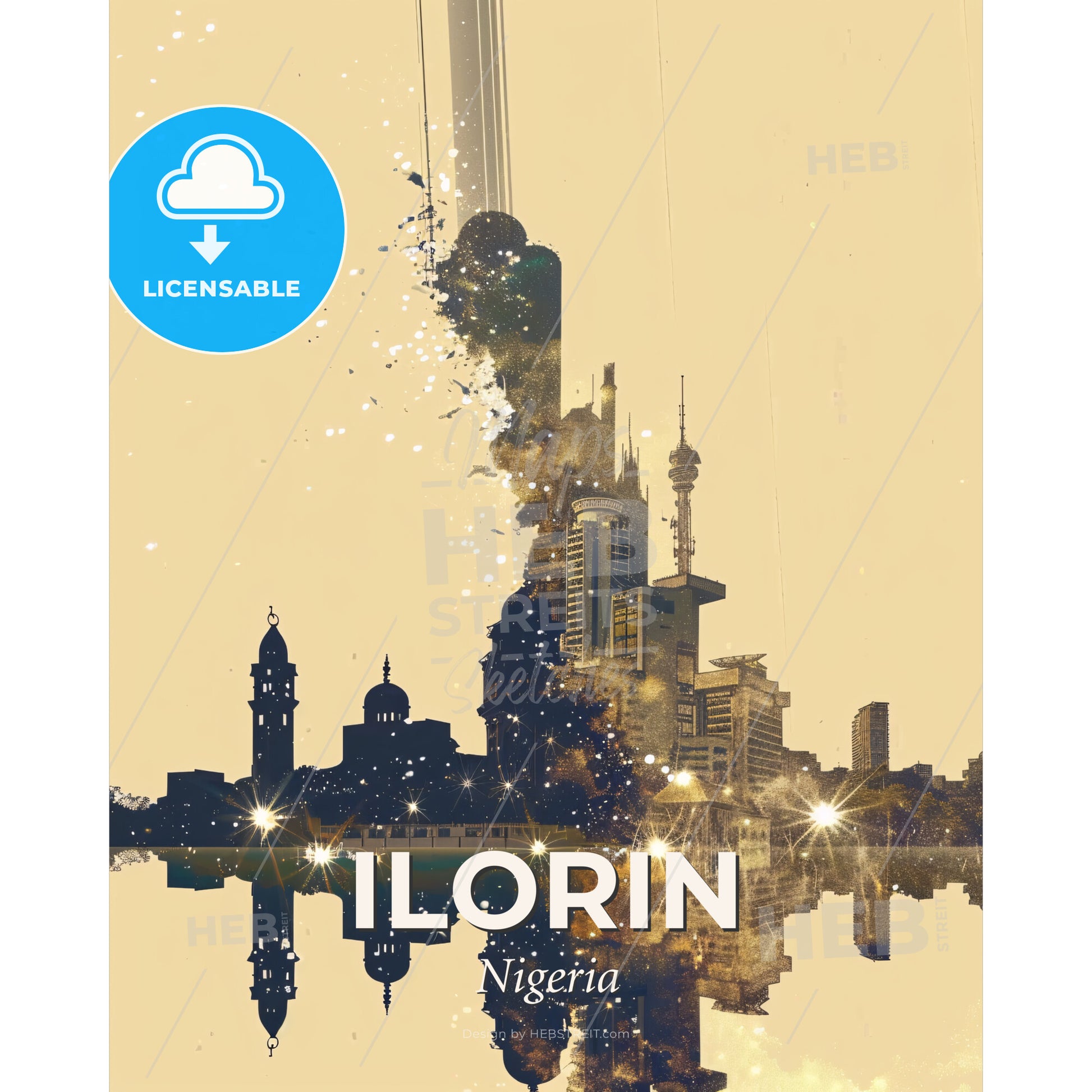 Ilorin Cityscape Night Sky Skyline Art - A city skyline with lights reflecting in water - Square format print template