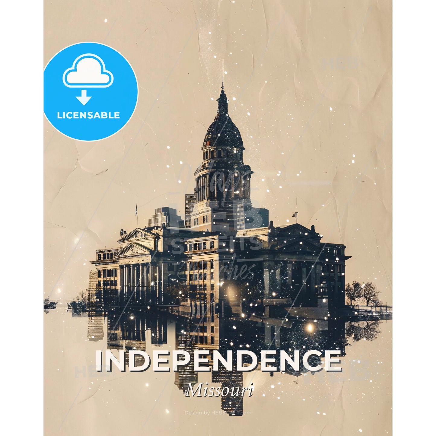Independence Cityscape Sparkles Skyline Poster - A building with a dome and a tower reflected in water - Square format print template