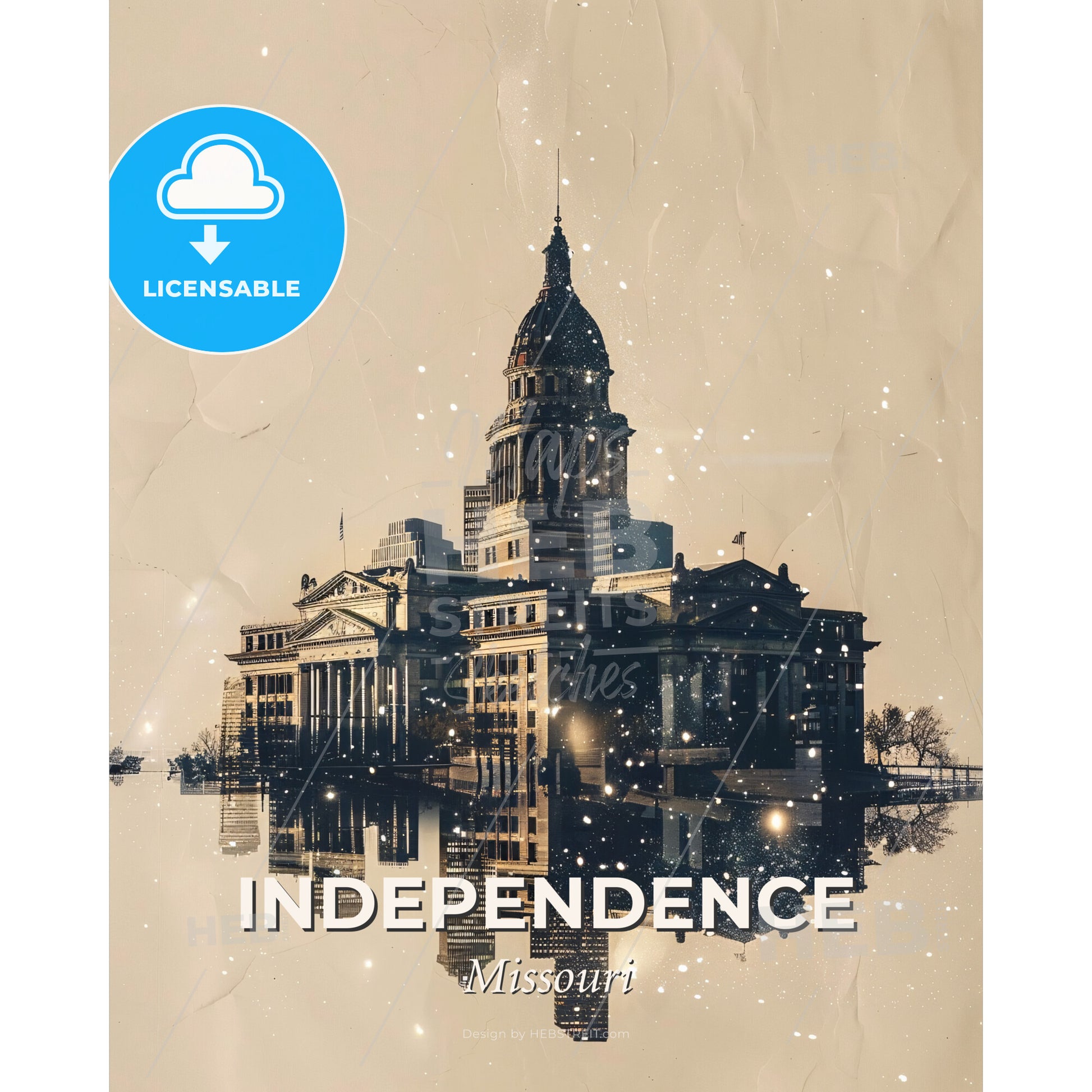 Independence Cityscape Sparkles Skyline Poster - A building with a dome and a tower reflected in water - Square format print template