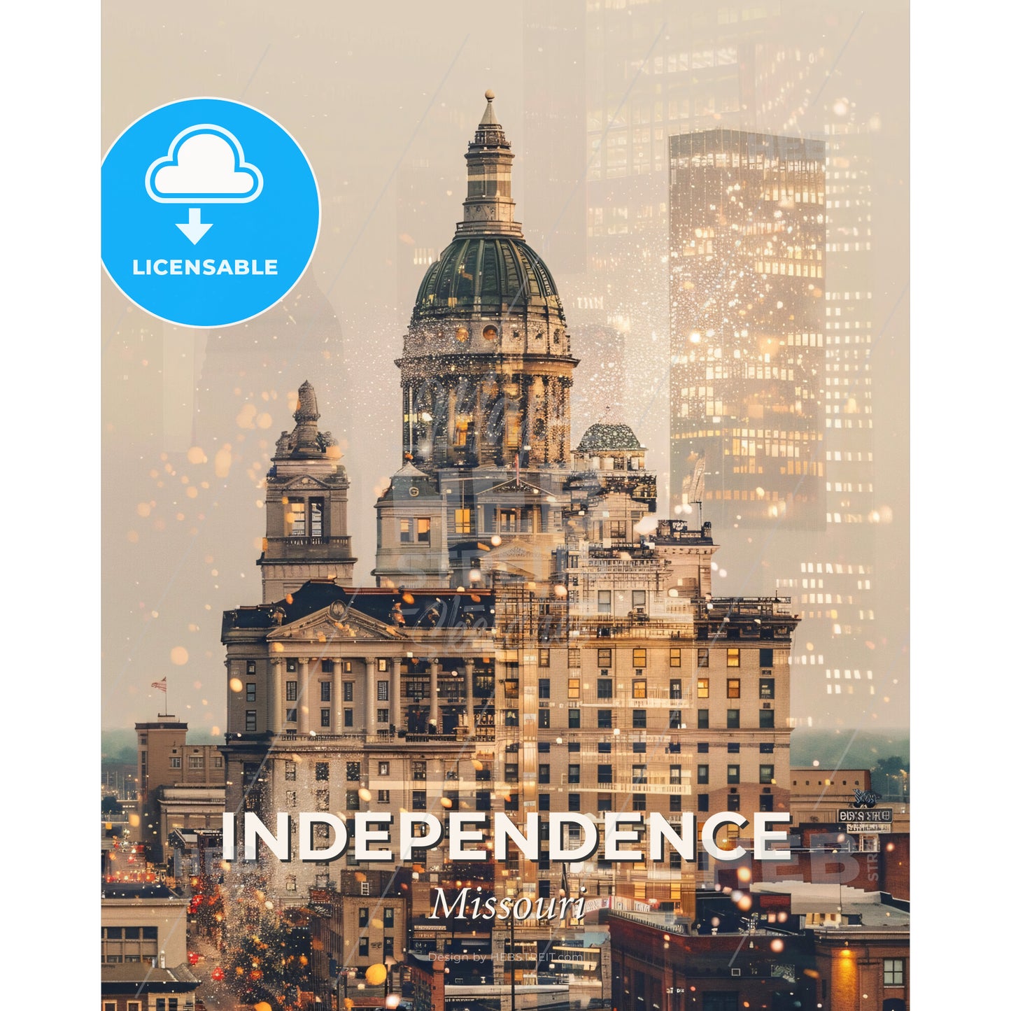 Independence Skyline Composite Art Poster - A large building with a dome and a city skyline - Square format print template