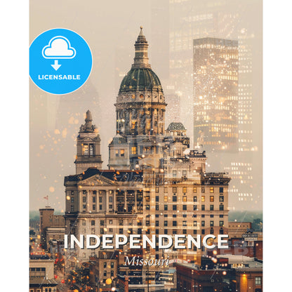 Independence Skyline Composite Art Poster - A large building with a dome and a city skyline - Square format print template