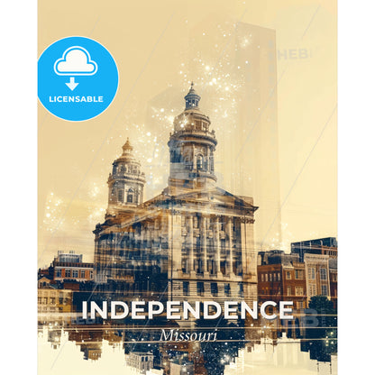 Independence Skyline Double Exposure City Art - A building with a tower and a city skyline - Square format print template
