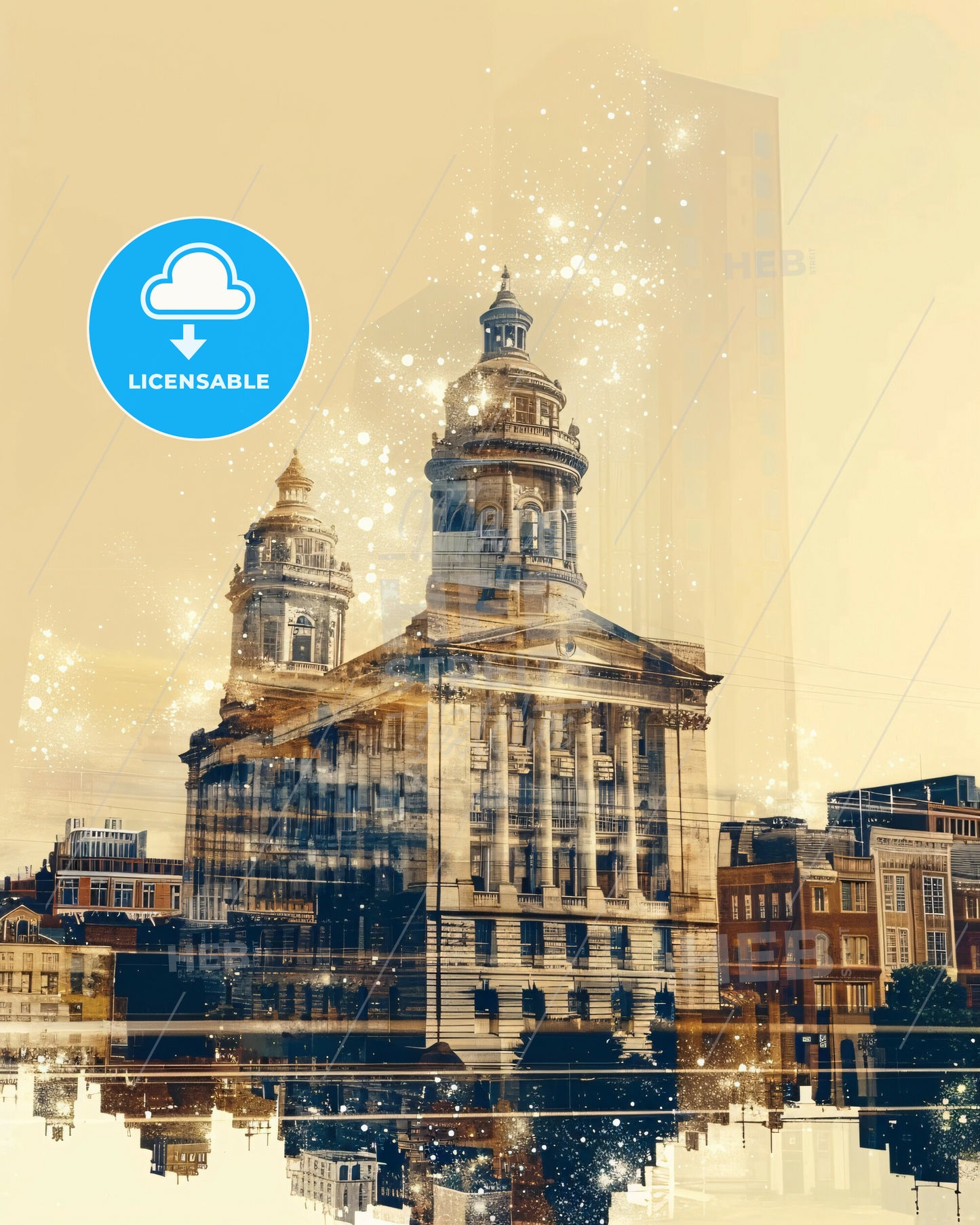 Independence Skyline Double Exposure City Art - A building with a tower and a city skyline