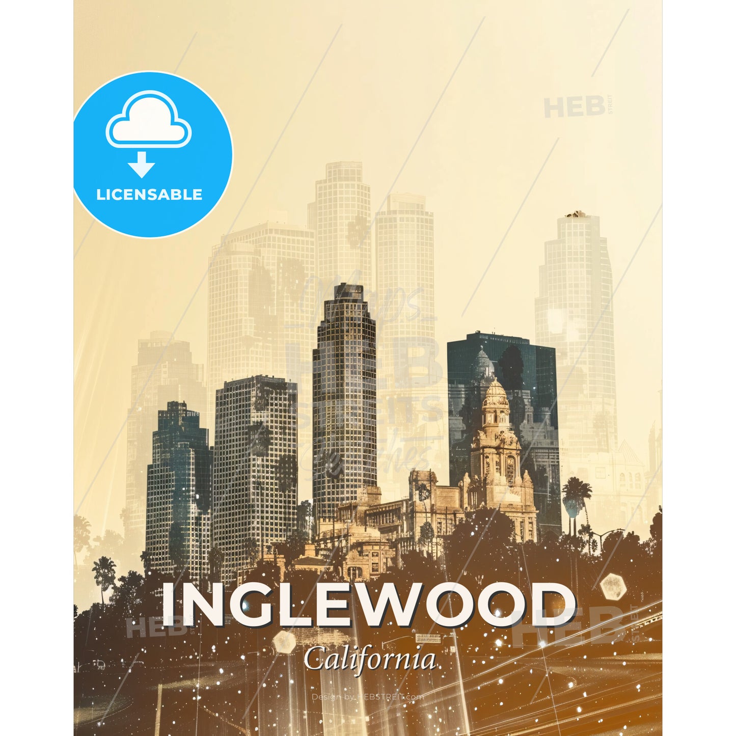 Inglewood California Landmark Skyline Art Print - A city skyline with trees and buildings - Square format print template