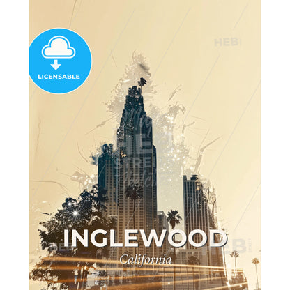 Inglewood Skyline Composite Art Poster - A city skyline with tall buildings and palm trees - Square format print template