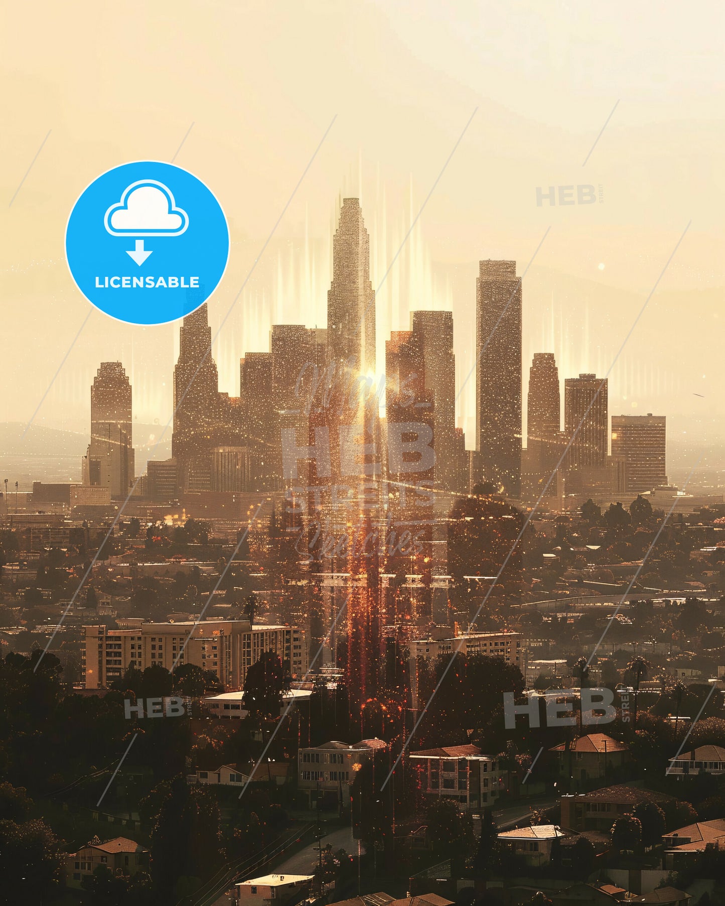 Inglewood Panorama in Double Exposure - A city with a bright light coming out of it