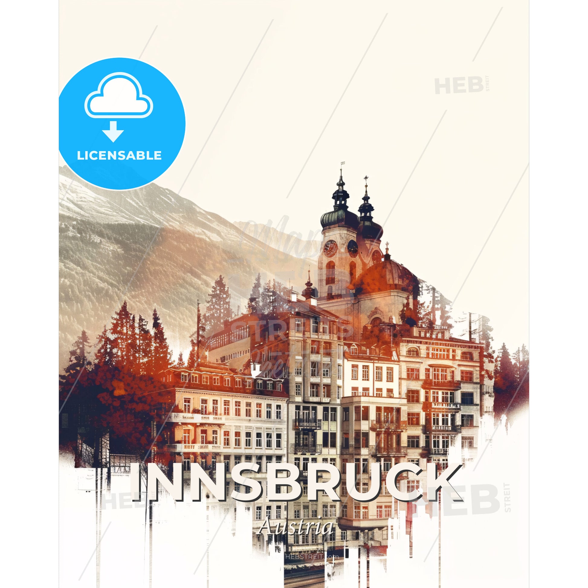 Innsbruck Skyline - Double Exposure Composite Art - A building with trees and mountains in the background - Square format print template