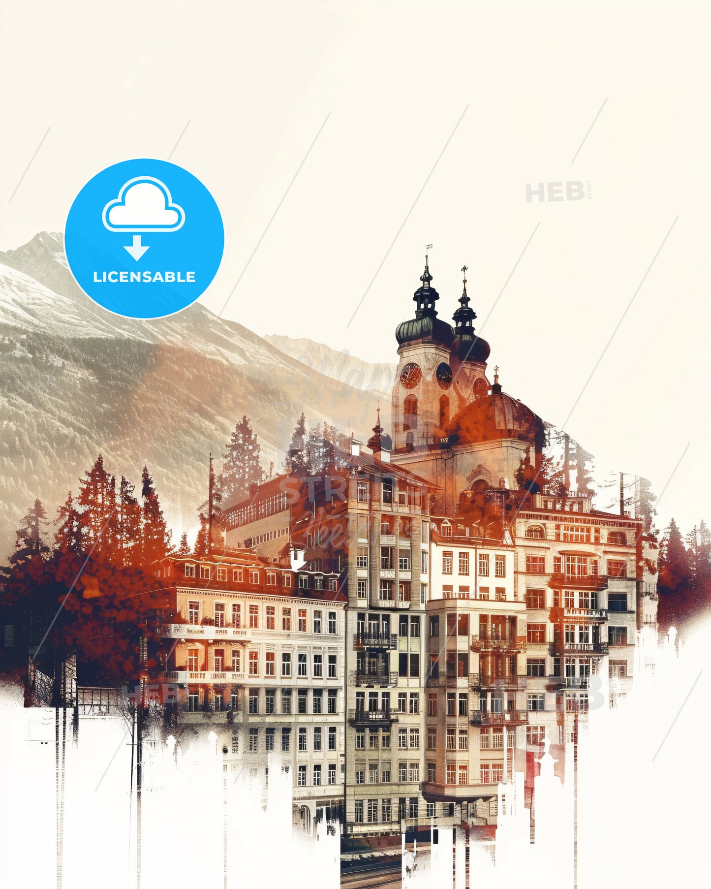 Innsbruck Skyline - Double Exposure Composite Art - A building with trees and mountains in the background