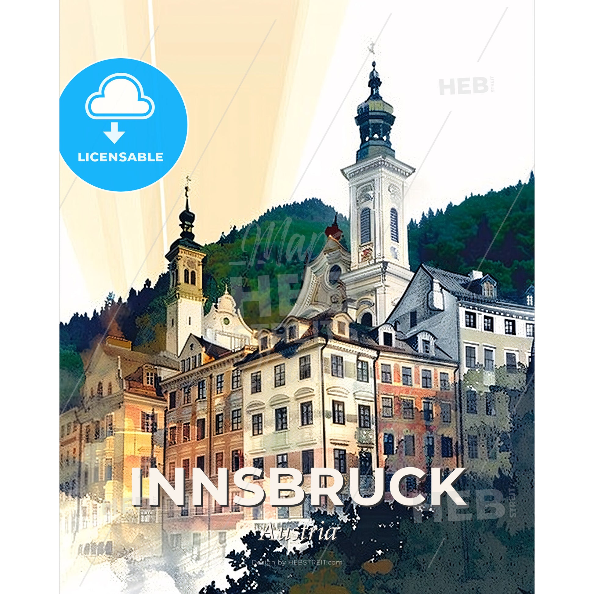 Innsbruck Skyline Composite Art Poster - A building with a steeple - Square format print template