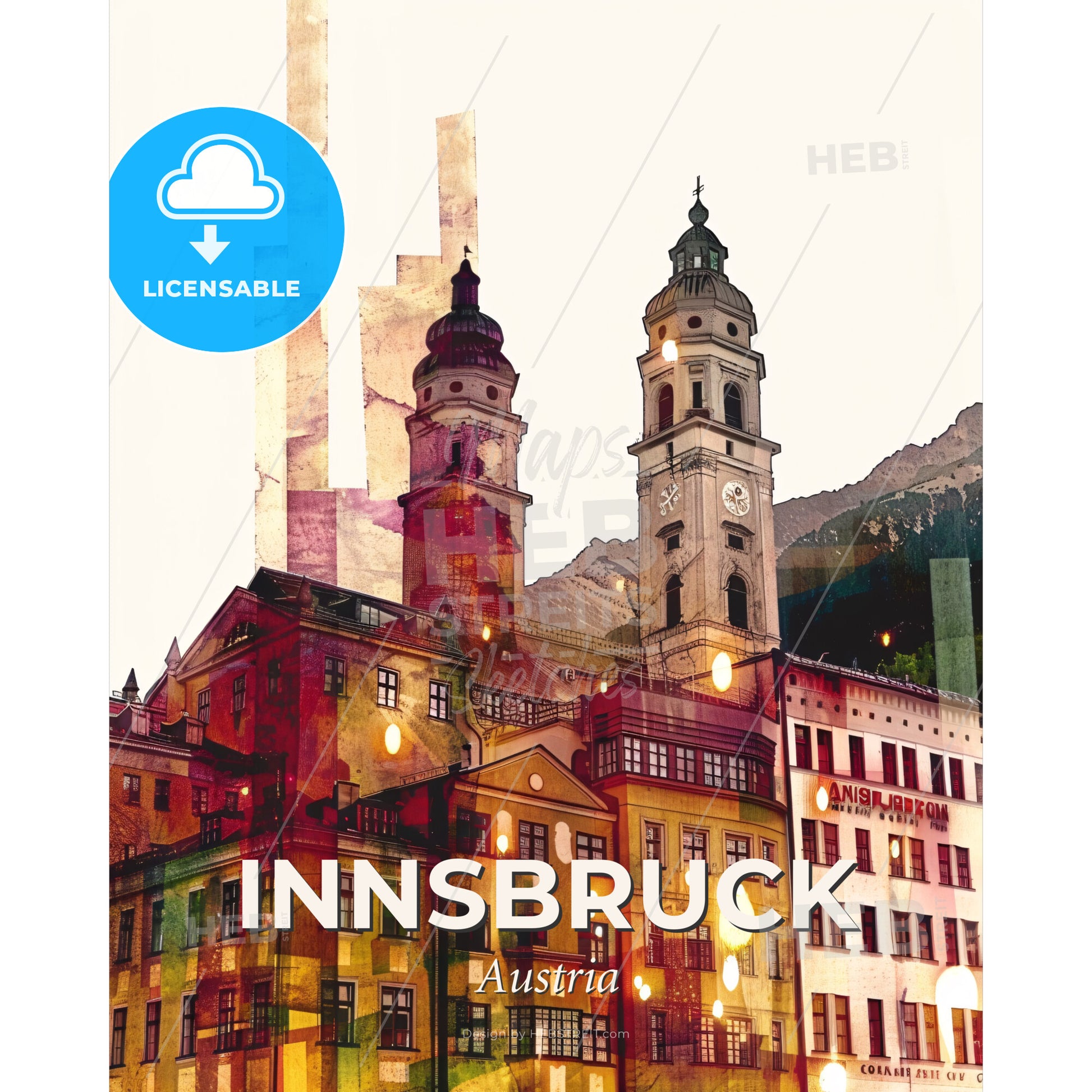 Innsbruck City Skyline Poster Art Bright Beige - A building with towers and mountains in the background - Square format print template