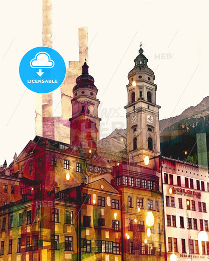 Innsbruck City Skyline Poster Art Bright Beige - A building with towers and mountains in the background