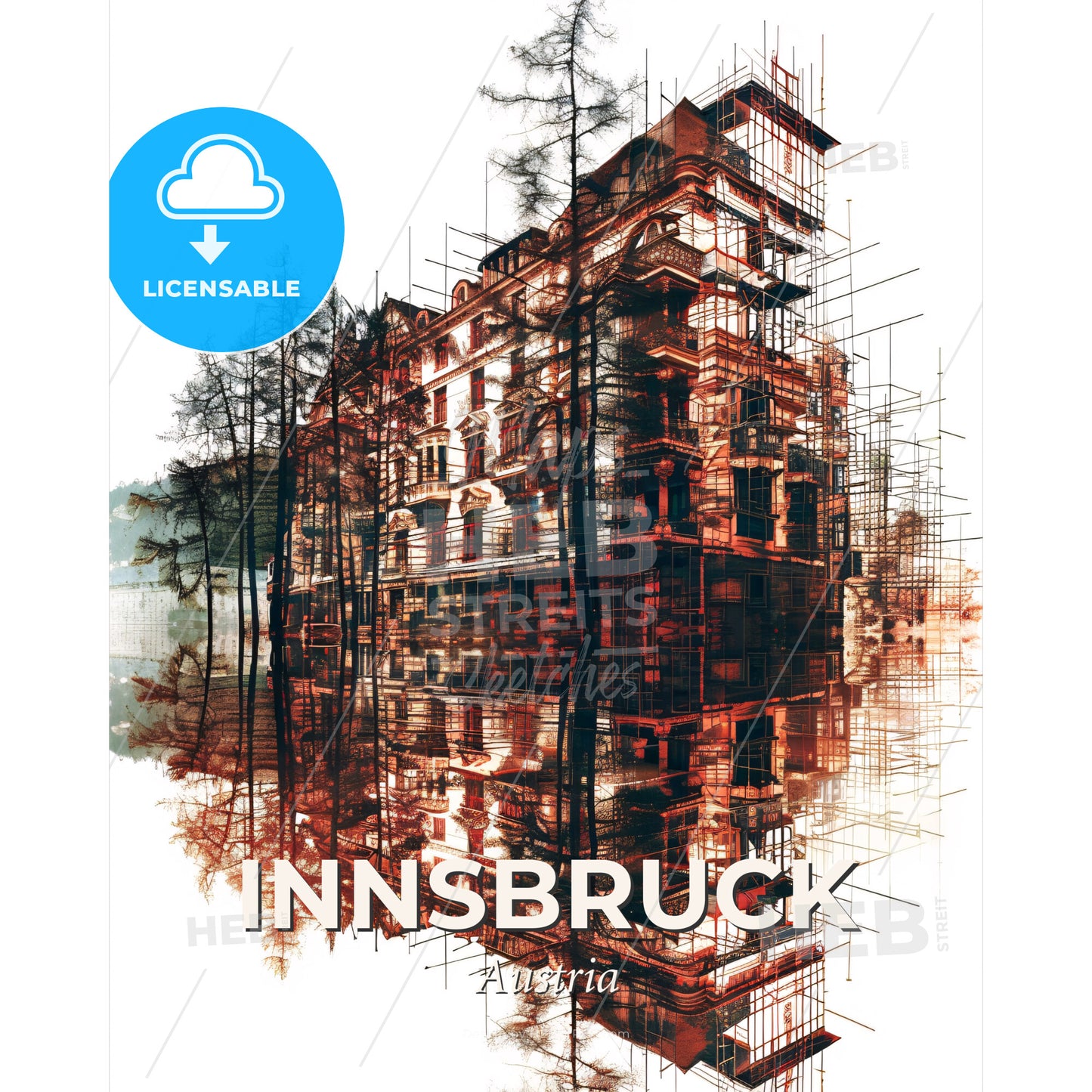 Innsbruck Skyline Double Exposure Art Poster - A building reflected in water - Square format print template
