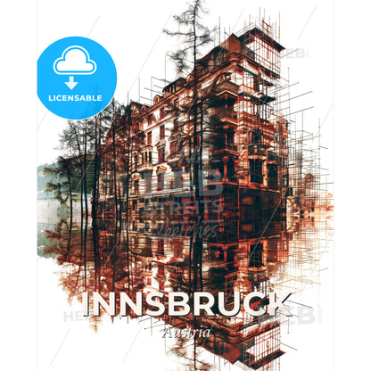 Innsbruck Skyline Double Exposure Art Poster - A building reflected in water - Square format print template