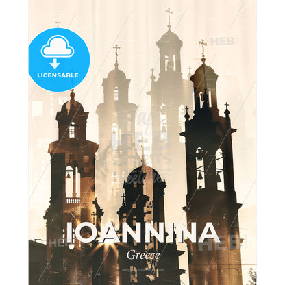 Ioannina City Skyline Double Exposure Poster - A silhouette of a church with a bell tower - Square format print template