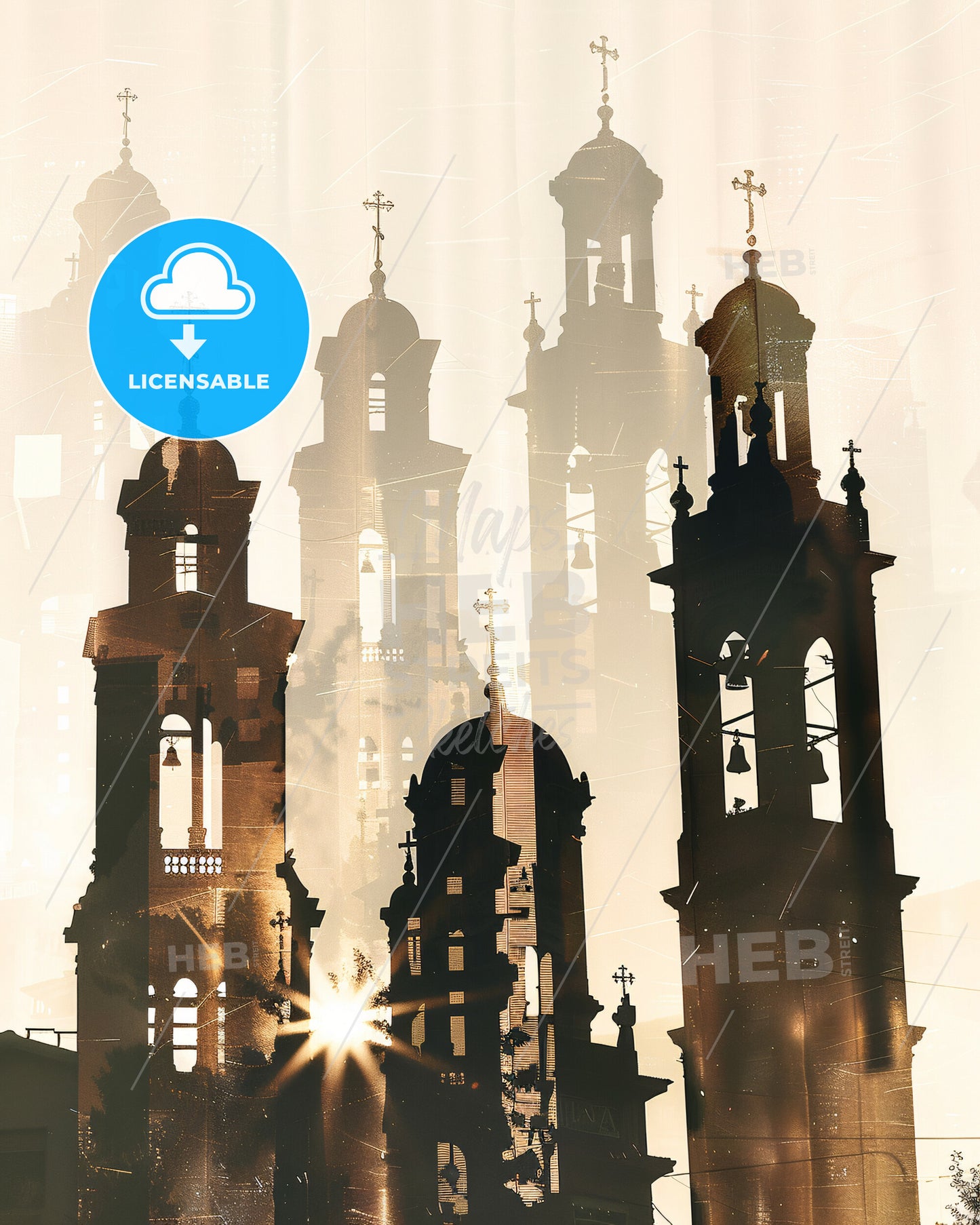 Ioannina City Skyline Double Exposure Poster - A silhouette of a church with a bell tower