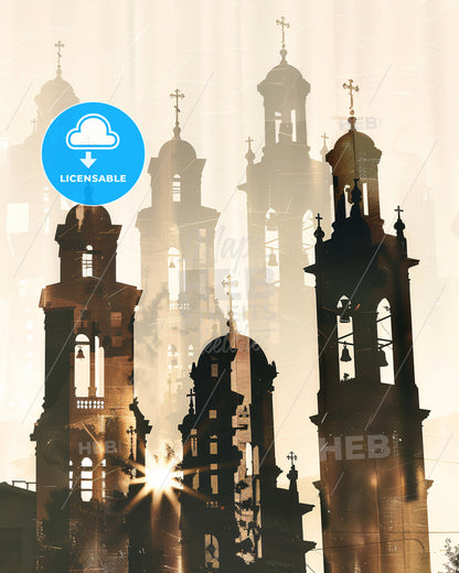 Ioannina City Skyline Double Exposure Poster - A silhouette of a church with a bell tower