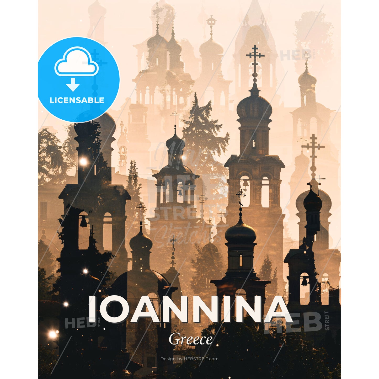 Ioannina City Skyline Silhouette Composite Art Print - A silhouette of a building with crosses - Square format print template