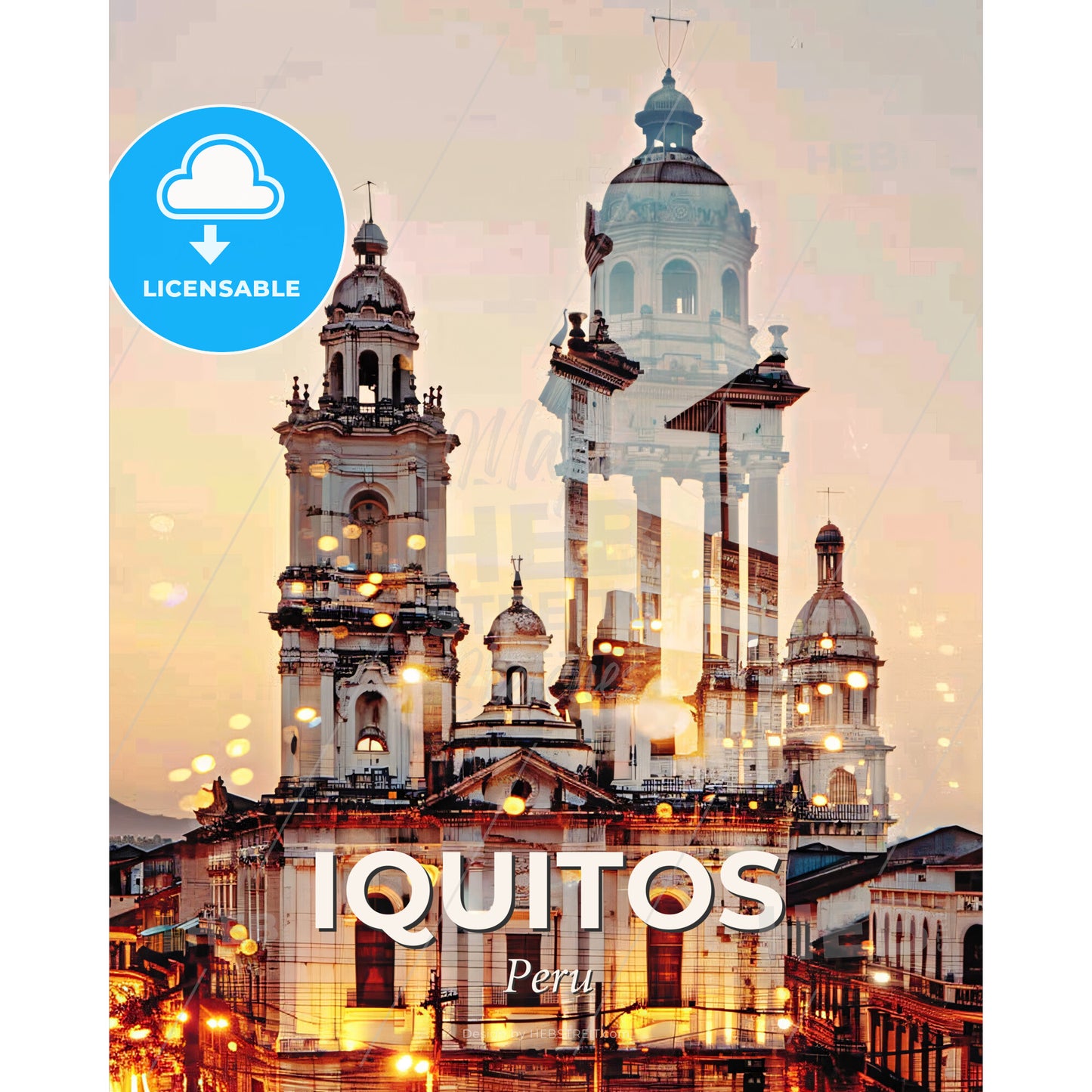 Iquitos Skyline Composite Art Bright Poster - A large building with towers and lights - Square format print template