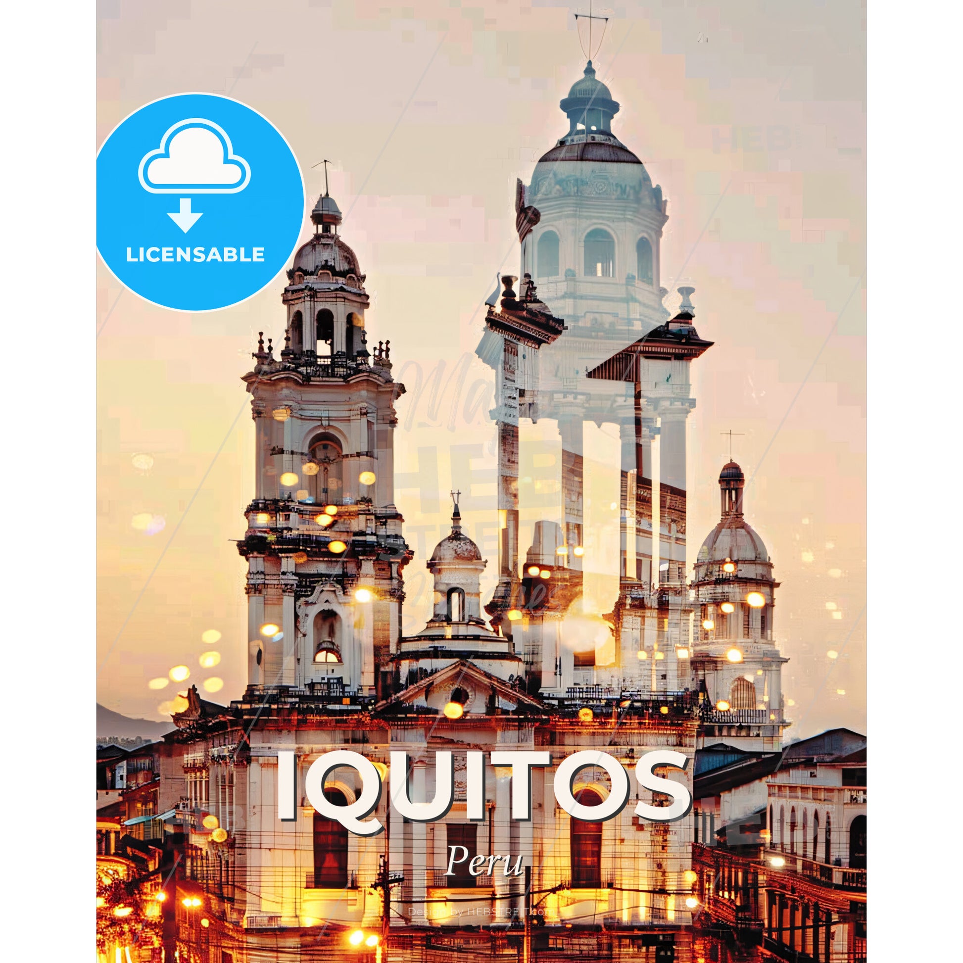 Iquitos Skyline Composite Art Bright Poster - A large building with towers and lights - Square format print template