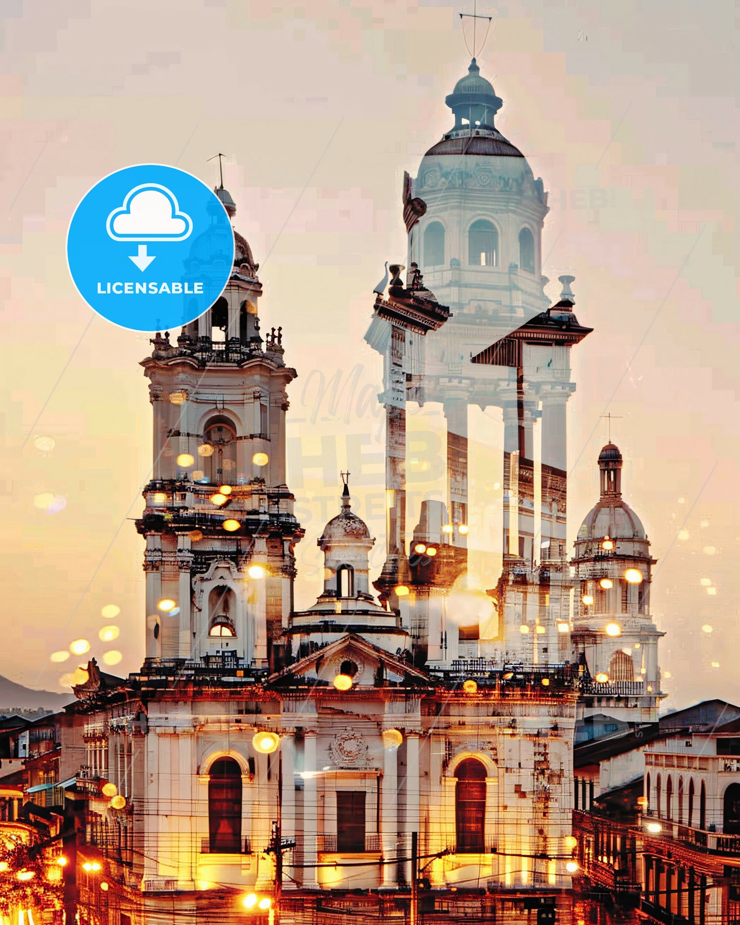 Iquitos Skyline Composite Art Bright Poster - A large building with towers and lights