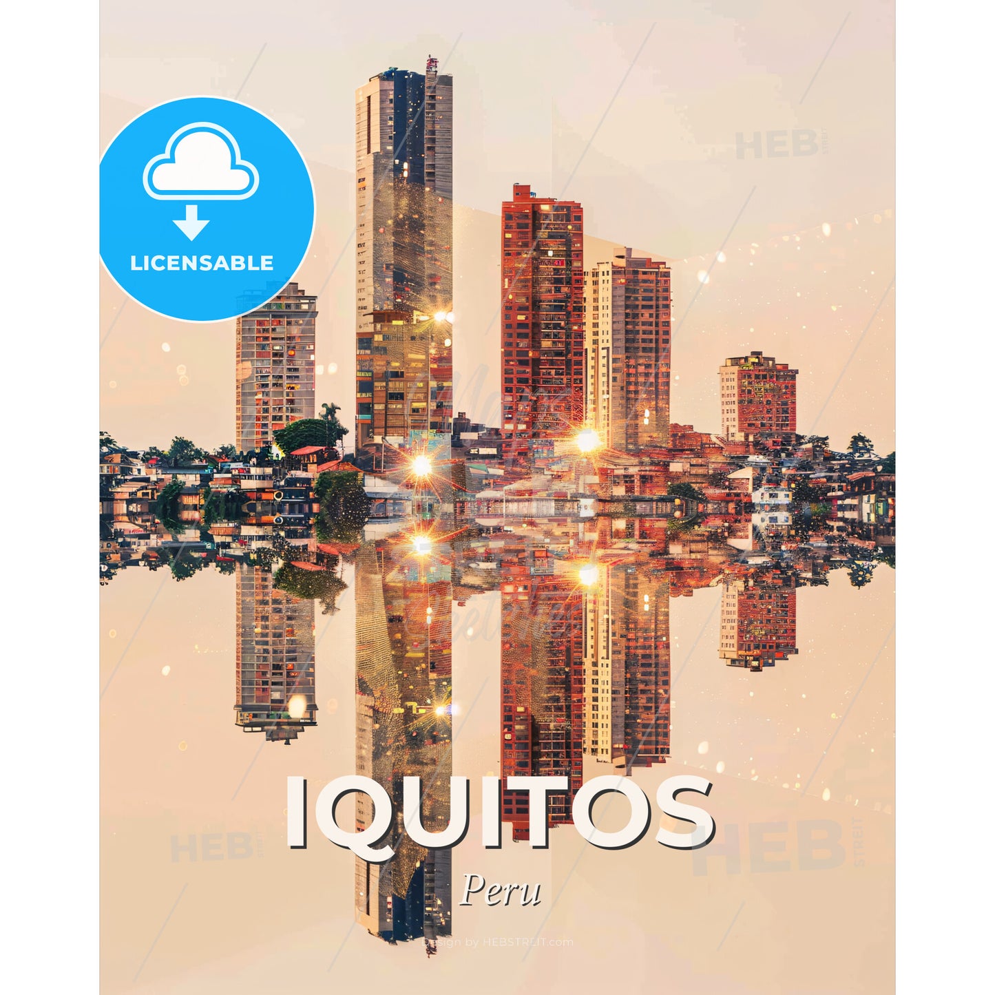 Iquitos Peru City Skyline Composite Art Poster - A city skyline reflected in water - Square format print template