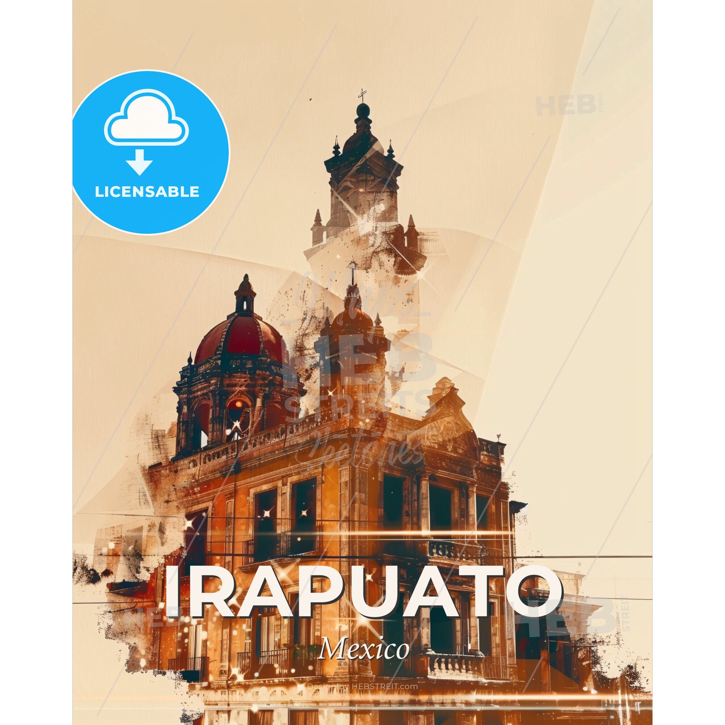 Irapuato, Mexico: Skyline Cityscape Architecture Poster - A building with a dome and a tower - Square format print template