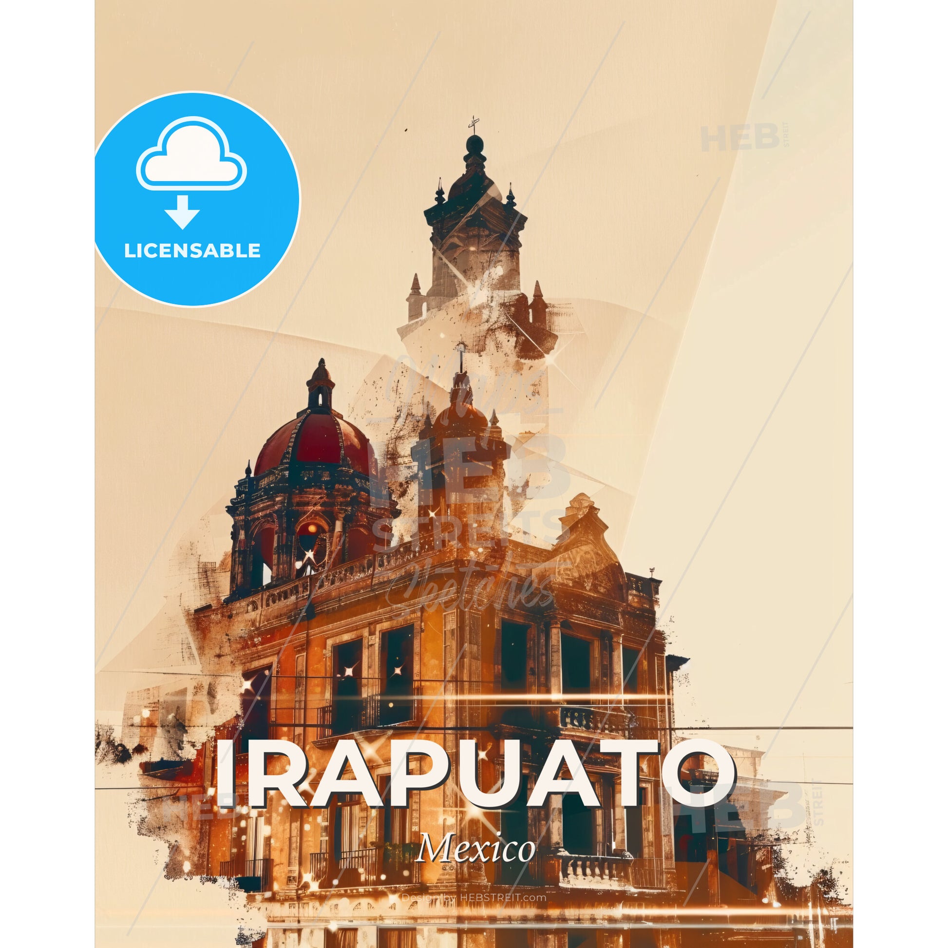 Irapuato, Mexico: Skyline Cityscape Architecture Poster - A building with a dome and a tower - Square format print template