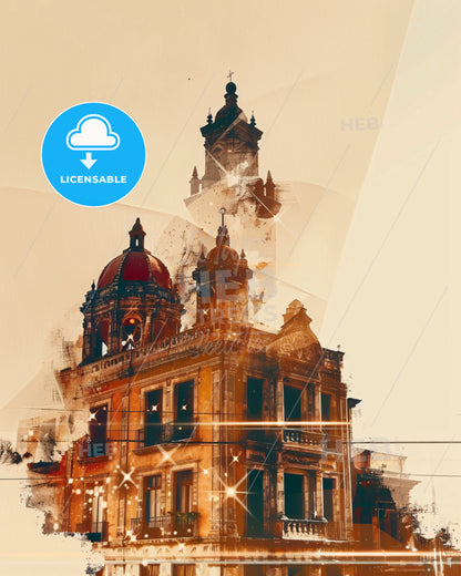 Irapuato, Mexico: Skyline Cityscape Architecture Poster - A building with a dome and a tower