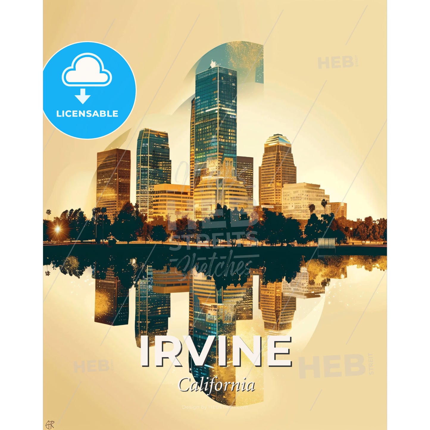 Irvine City Skyline Glow Composite Art - A city skyline with trees and water - Square format print template