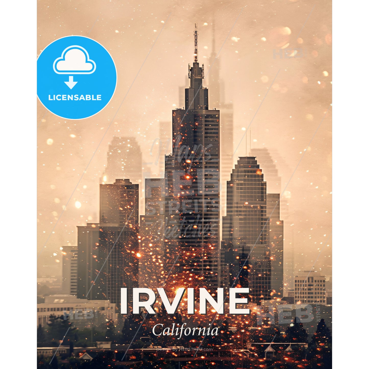 Irvine Skyline Double Exposure Art Poster - A city skyline with sparks - Square format print template