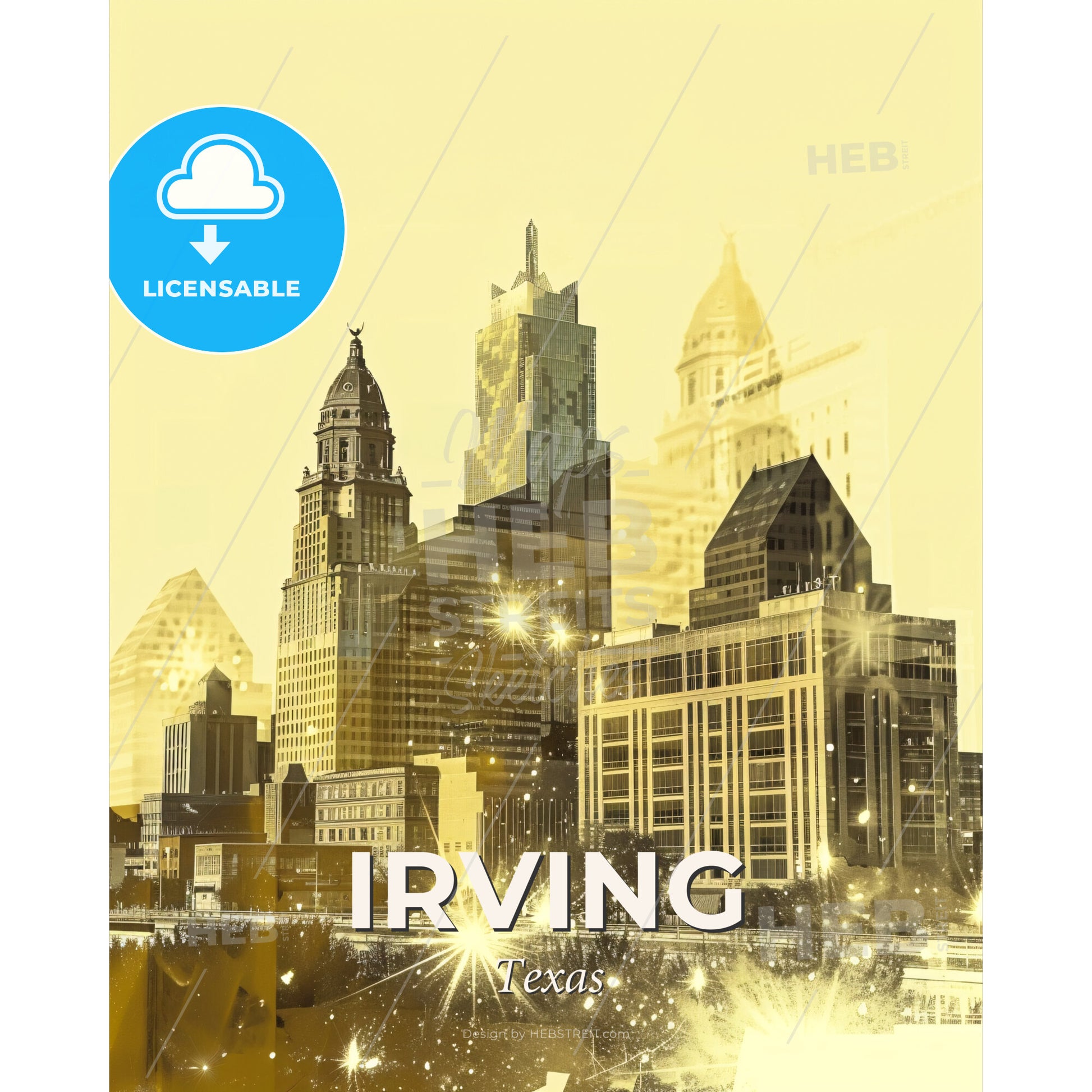 Irving Cityscape: Bright Lights, Local Charm - A city skyline with many tall buildings - Square format print template