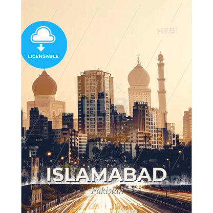Islamabad Skyline Composite Art Vibrant Beige Minimalist - A city skyline with a fountain and tall buildings - Square format print template