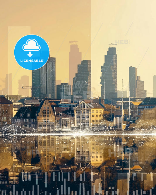 Amager Island Denmark Cityscape Poster Art - A city skyline with buildings and a reflection of water