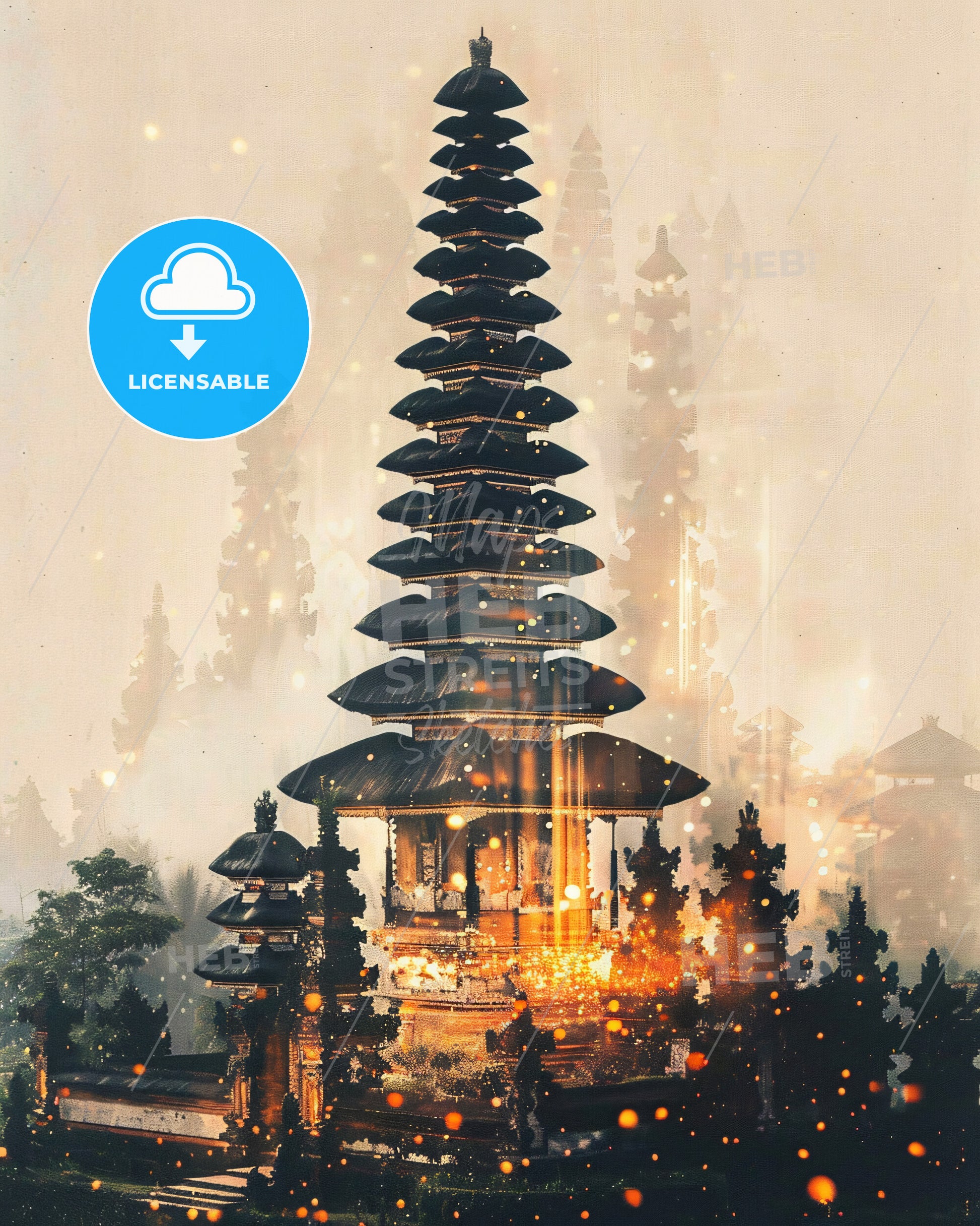 Bali Island Indonesia Double Exposure Poster Art - A pagoda with a tall tower and trees