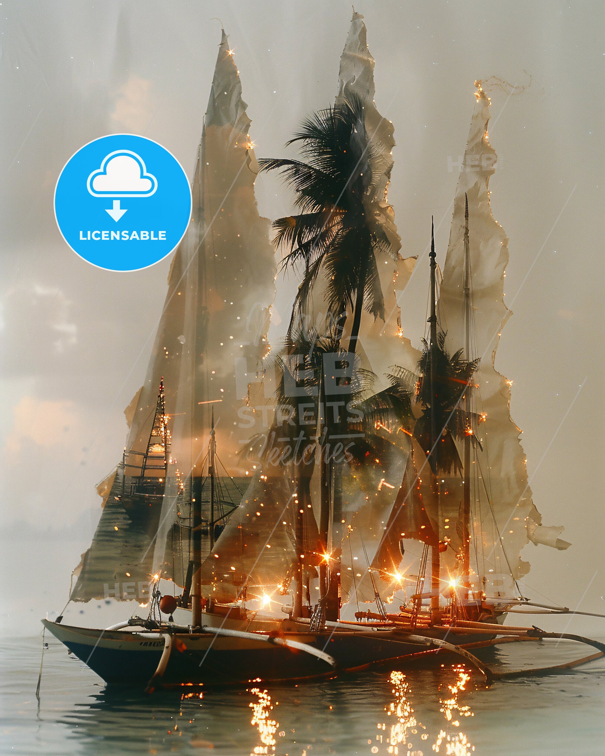 Boracay Skyline Double Exposure Composite Art - A sailboat with palm trees on water