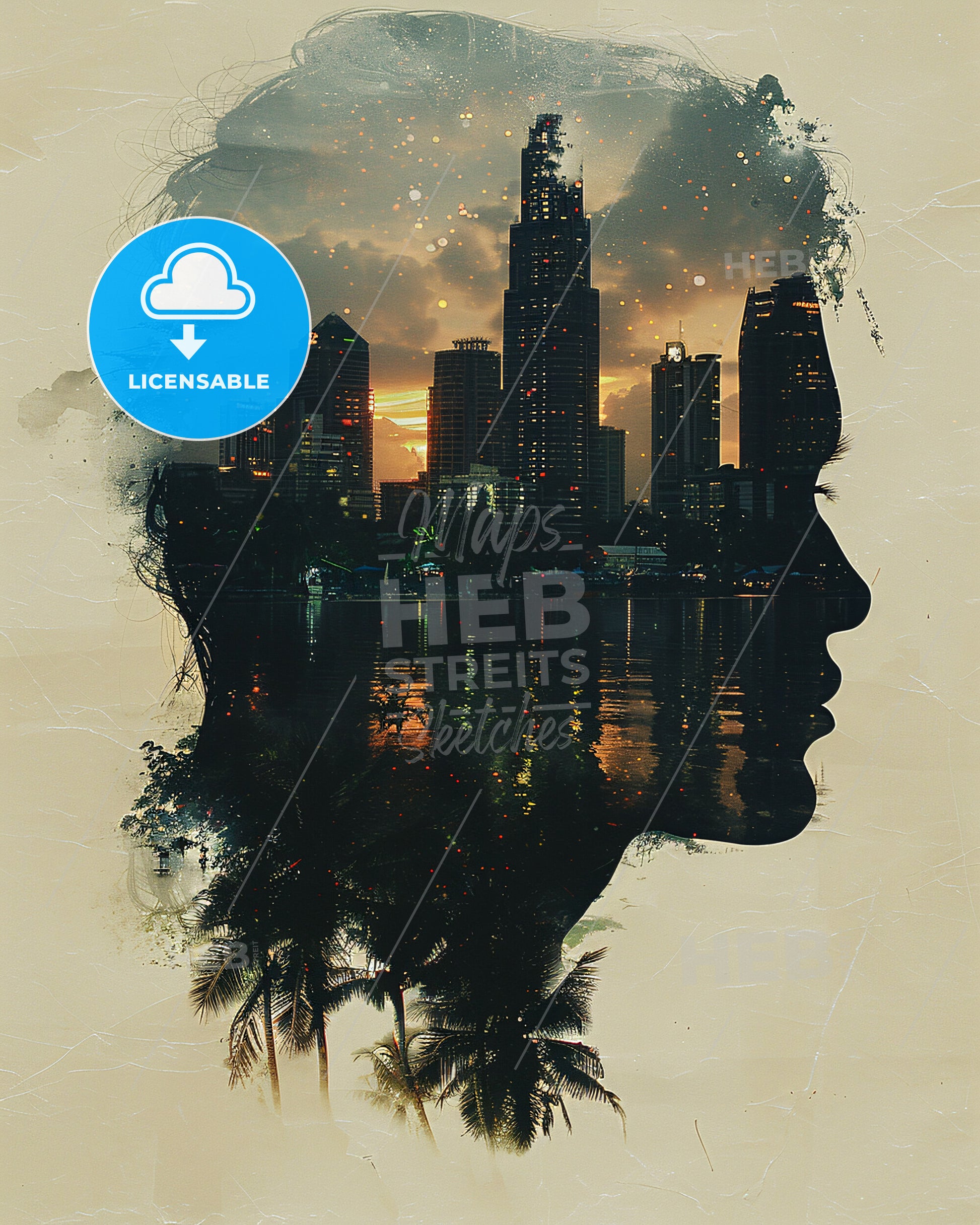 Boracay Island Skyline Composite Art Poster - A double exposure of a woman's face and a city