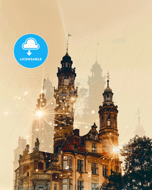 Bornholm Skyline Double Exposure Composite Poster - A building with towers and lights