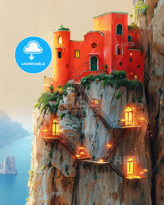 Capri Island: Double Exposure Art Poster Splendor - A building on a cliff