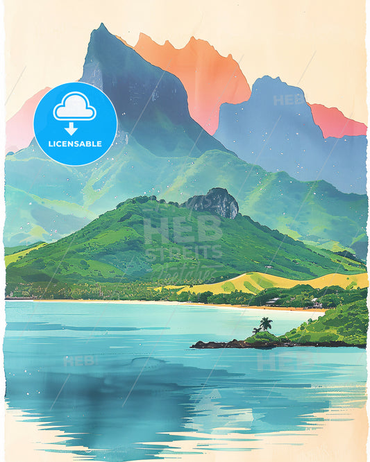 Cook Islands Skyline Double Exposure Art - A painting of a mountain range and a body of water