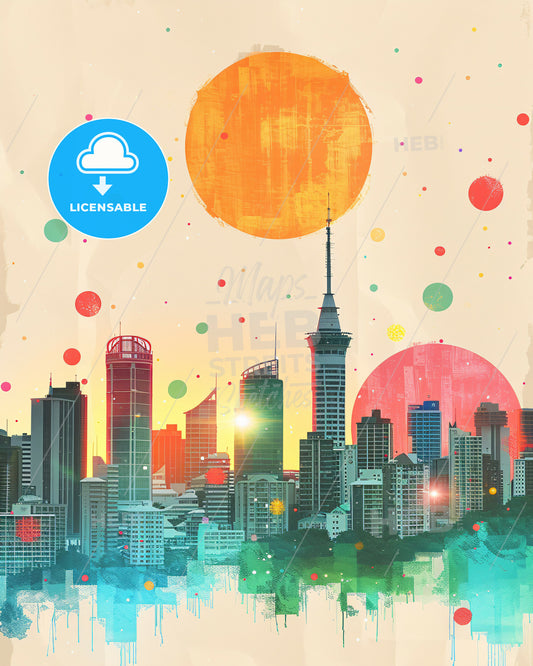 Cook Islands Skyline Composite Art - A city skyline with colorful circles and sun