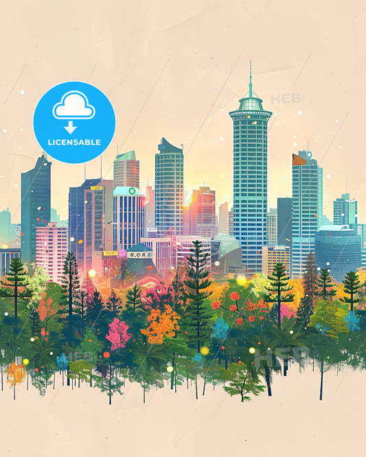 Cook Islands Dreamscape: Double Exposure Coastal Art - A city landscape with trees and buildings