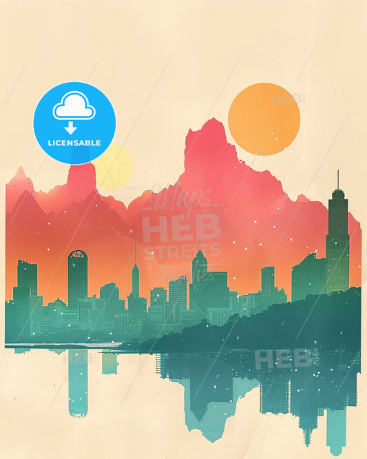 Cook Islands Skyline Landmarks Double Exposure Poster Art - A city with mountains and sun