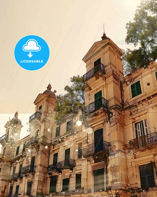 Corfu City Skyline Double Exposure Art Poster - A building with trees on the side