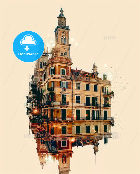 Corfu City Double Exposure Poster Art - A building with a tower and a tower