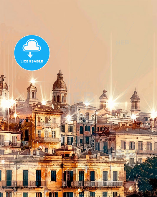 Corfu: Double Exposure Icon Skyline Art Poster - A group of buildings with lights