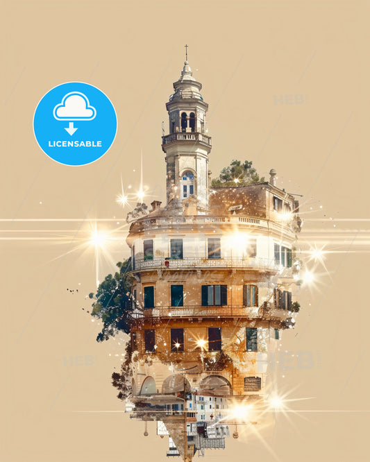 Corfu Skyline Icons Double Exposure Art Poster - A building with a tower and a tree