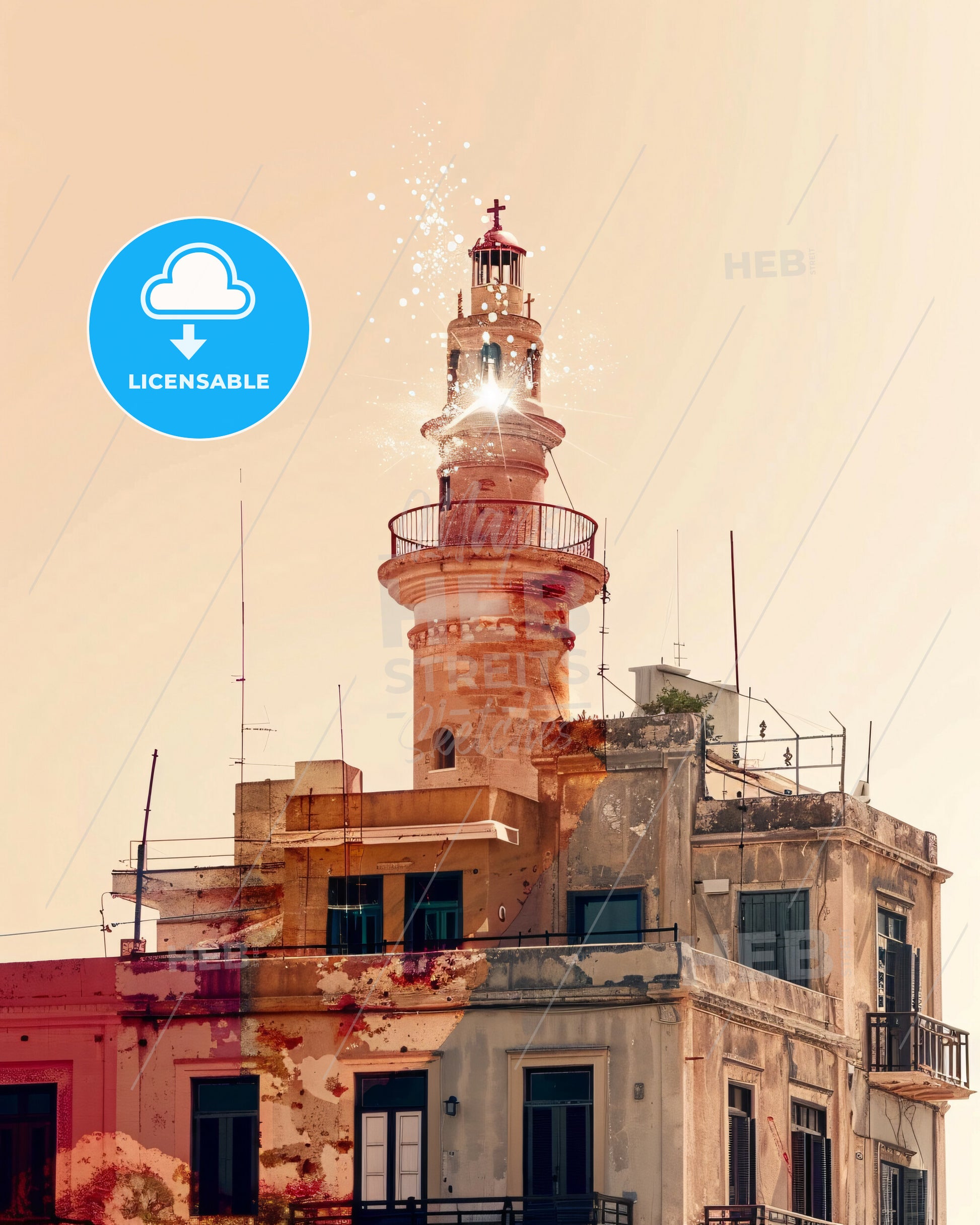 Crete Island Double Exposure Cityscape Magic - A building with a tower