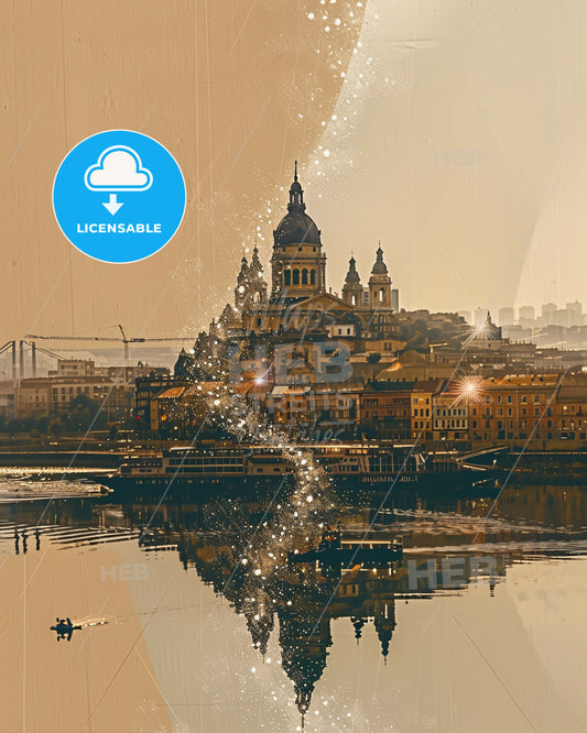 Csepel Island Skyline Landmark Composite Art Print - A city with a boat in the water