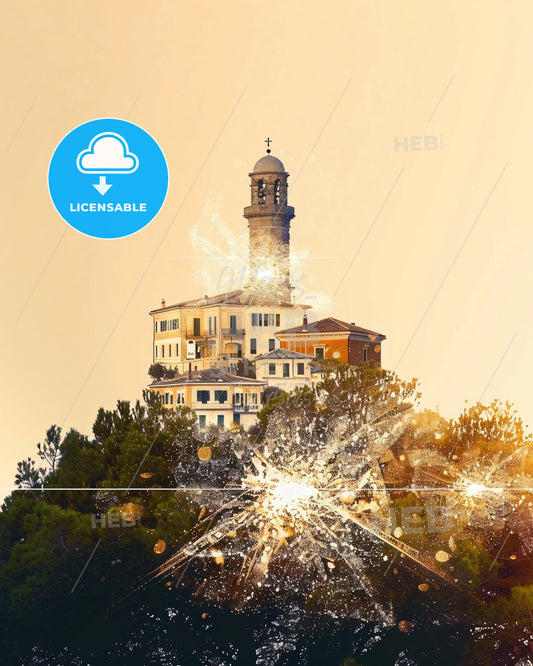 Elba Island Double Exposure Skyline Art - A building with a tower and a tree