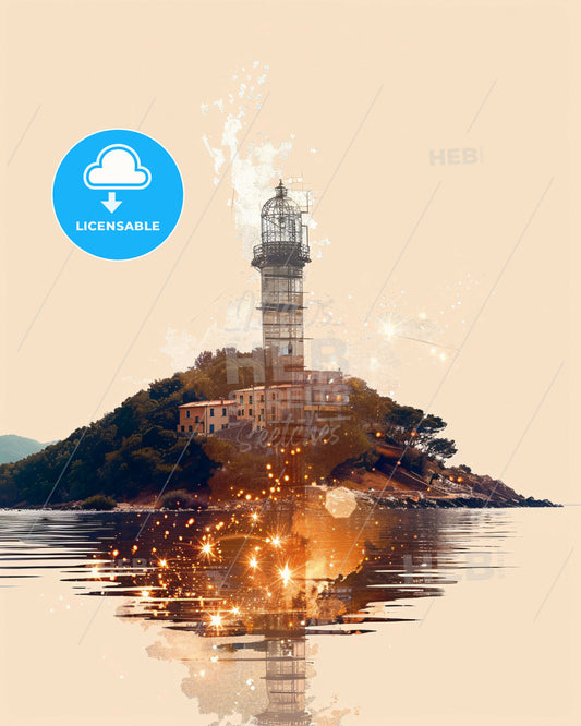 Elba Skyline Composite Art Double Exposure Poster - A lighthouse on a hill with a building on the top